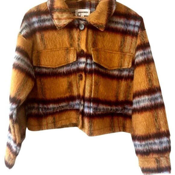 Vigoss M Brushed Plaid Crop Jacket Faux Fur Aztec Western Shacket Chest Pocket - Picture 10 of 16